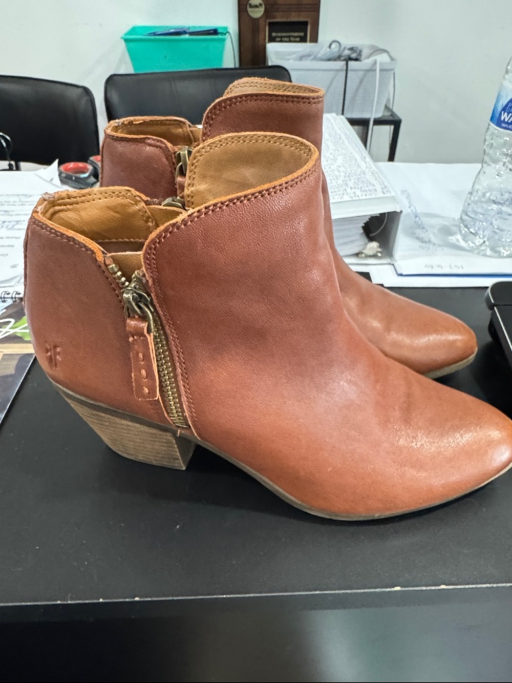 Frye Cognac Brown Leather Ankle Booties with Side Zip